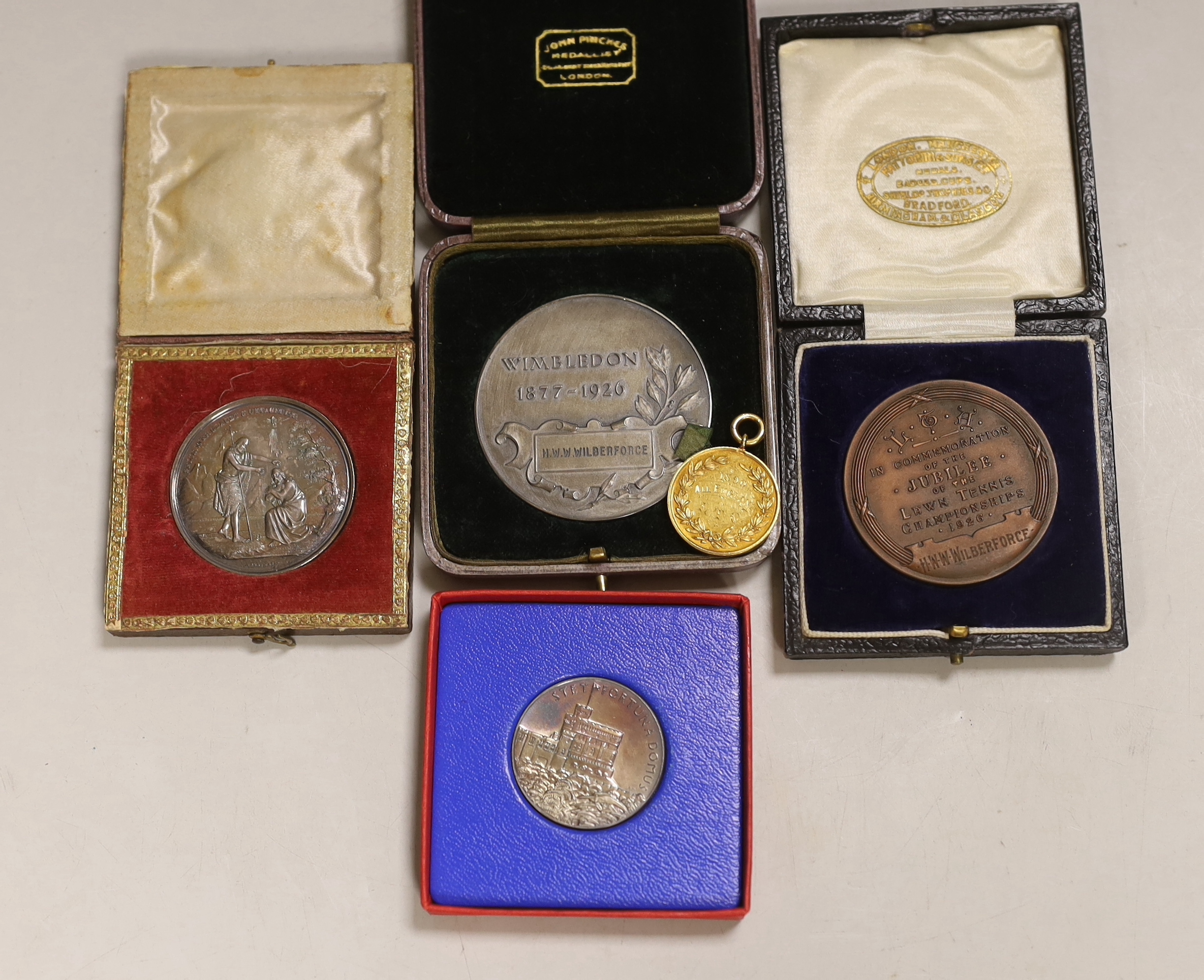 Tennis Interest. A group of 1890's to 1920's Tennis prize medallions presented to Herbert William Wrangham Wilberforce